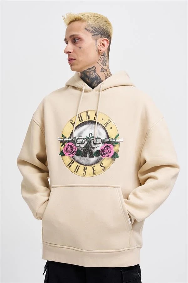 Erkek GUNS Baskılı Kapüşonlu Oversize Sweatshirt Açık Bej