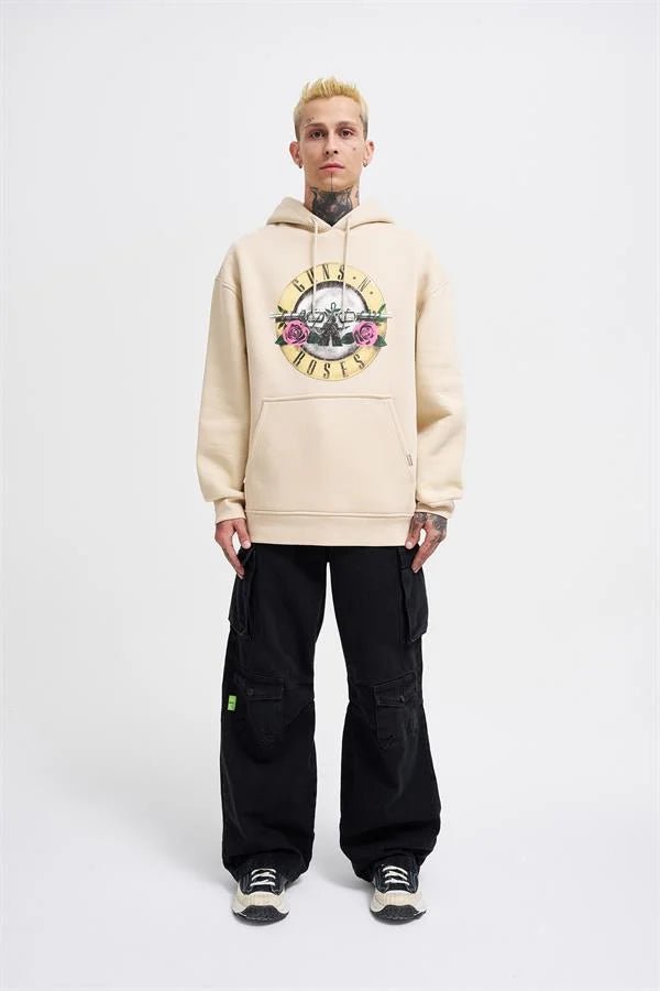 Erkek GUNS Baskılı Kapüşonlu Oversize Sweatshirt Açık Bej