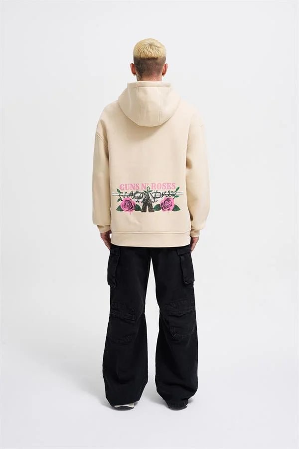 Erkek GUNS Baskılı Kapüşonlu Oversize Sweatshirt Açık Bej