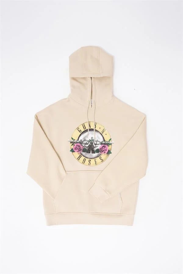 Erkek GUNS Baskılı Kapüşonlu Oversize Sweatshirt Açık Bej