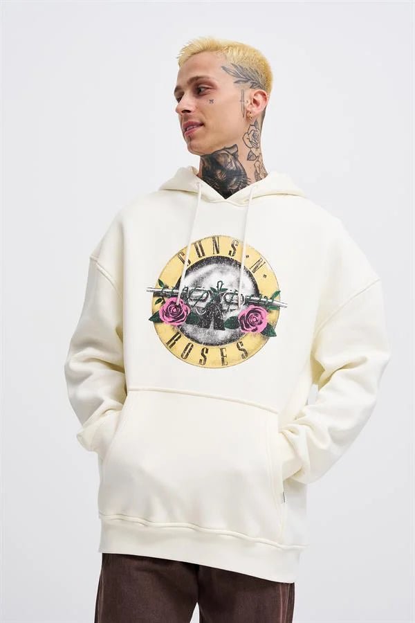 Erkek GUNS Baskılı Kapüşonlu Oversize Sweatshirt Ekru