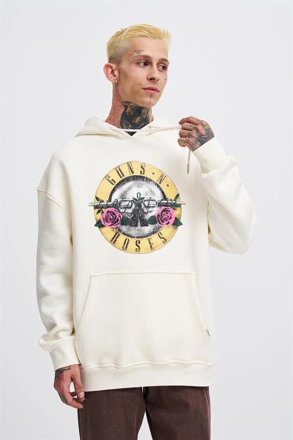 Erkek GUNS Baskılı Kapüşonlu Oversize Sweatshirt Ekru