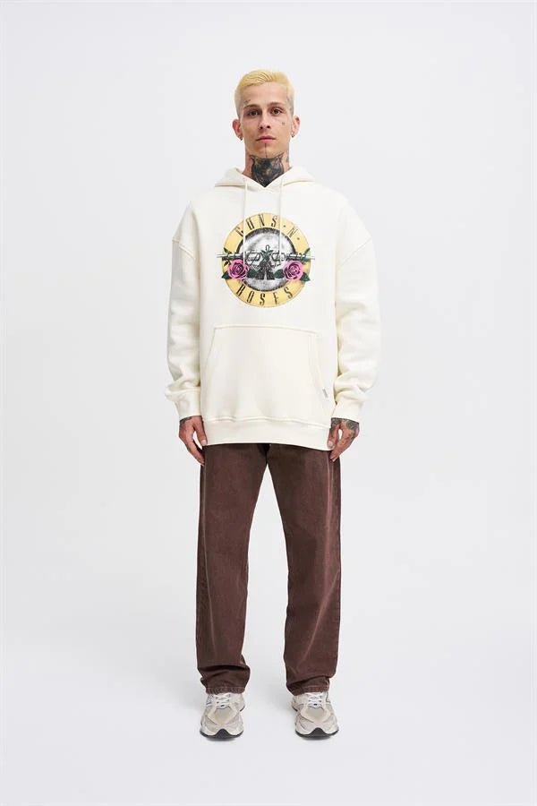 Erkek GUNS Baskılı Kapüşonlu Oversize Sweatshirt Ekru