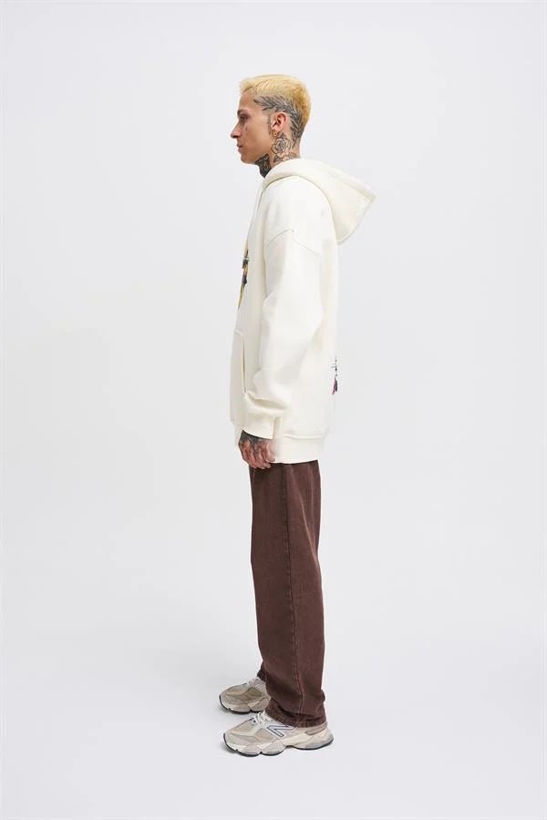 Erkek GUNS Baskılı Kapüşonlu Oversize Sweatshirt Ekru