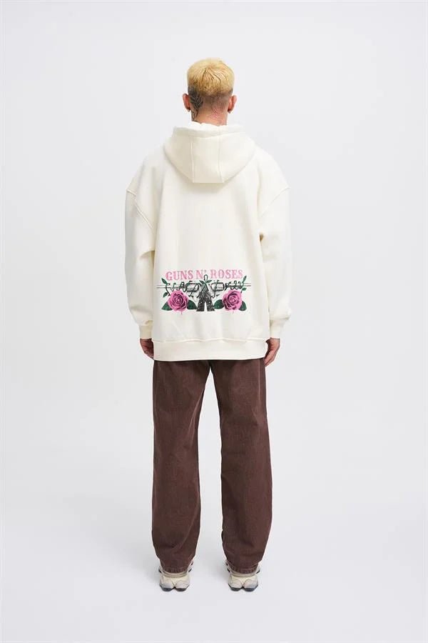 Erkek GUNS Baskılı Kapüşonlu Oversize Sweatshirt Ekru