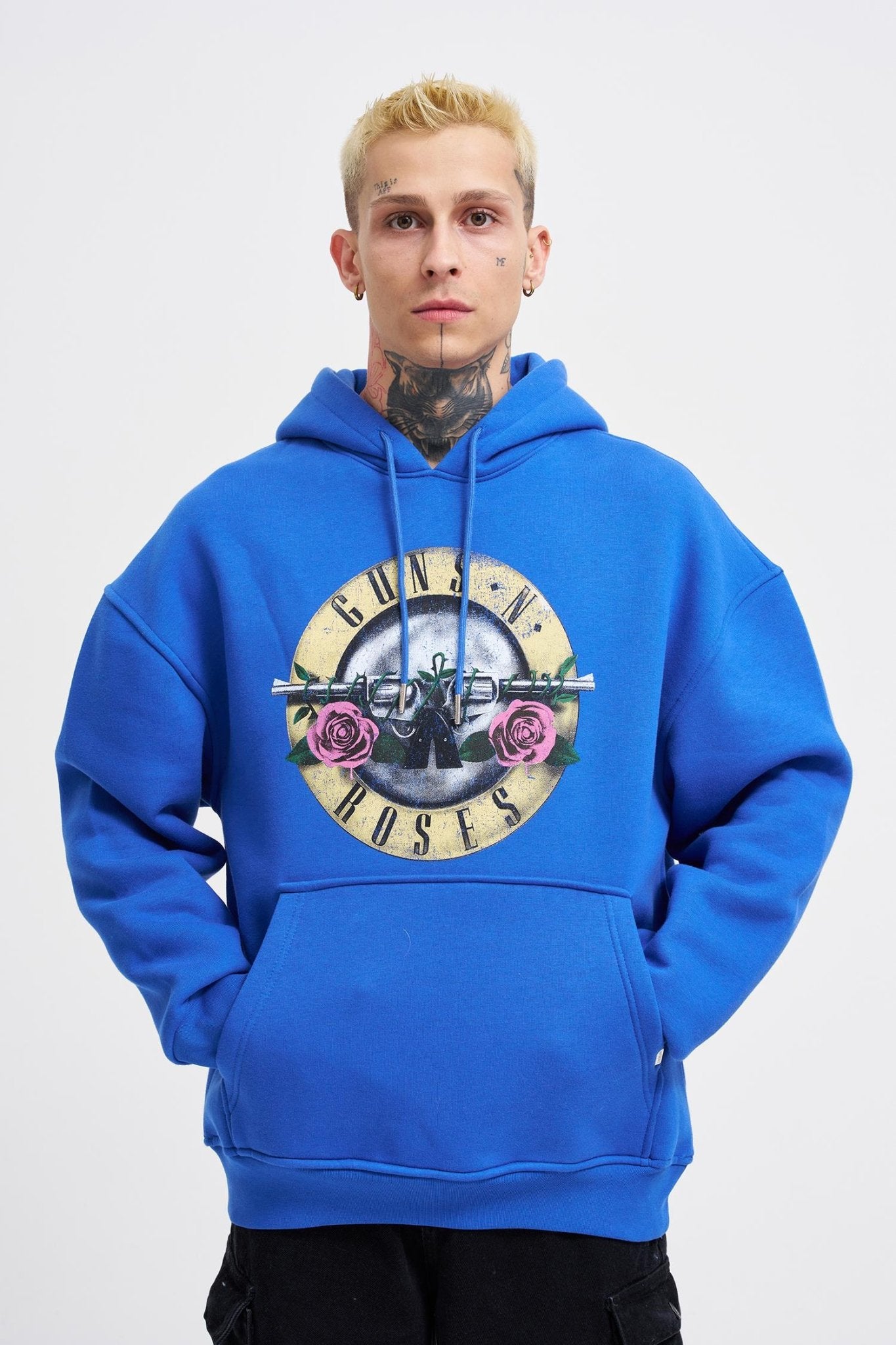 Erkek GUNS Baskılı Kapüşonlu Oversize Sweatshirt Saks Mavi