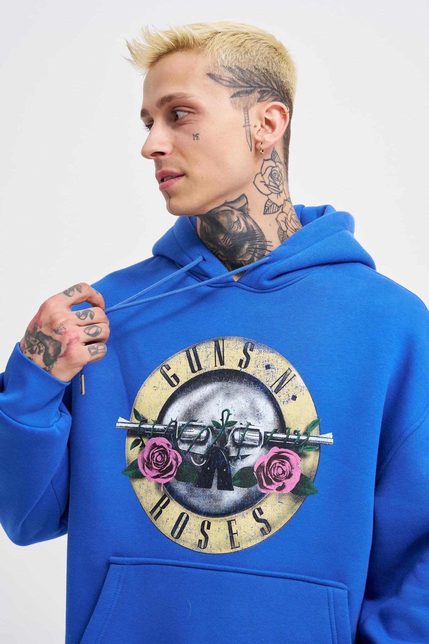 Erkek GUNS Baskılı Kapüşonlu Oversize Sweatshirt Saks Mavi