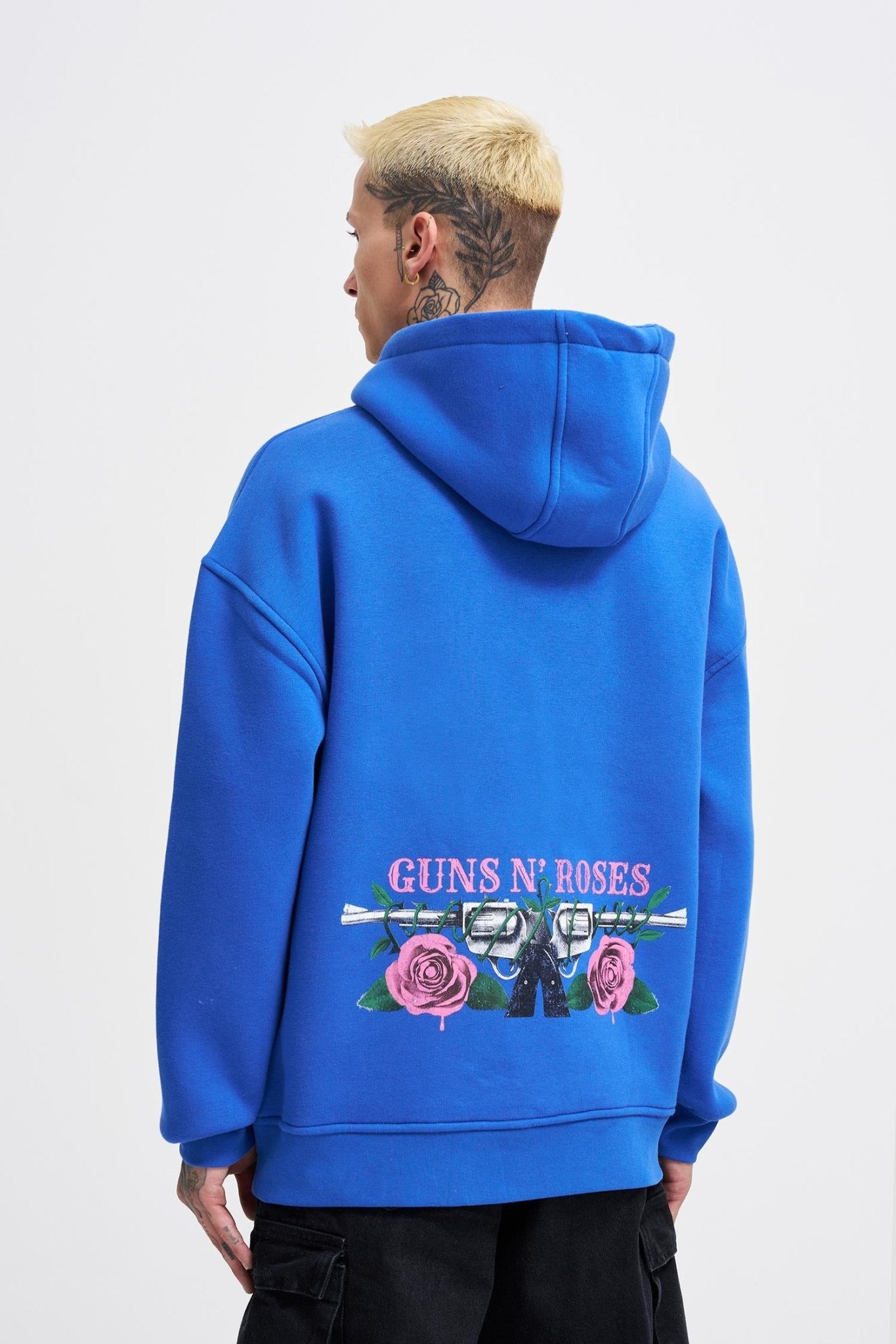 Erkek GUNS Baskılı Kapüşonlu Oversize Sweatshirt Saks Mavi