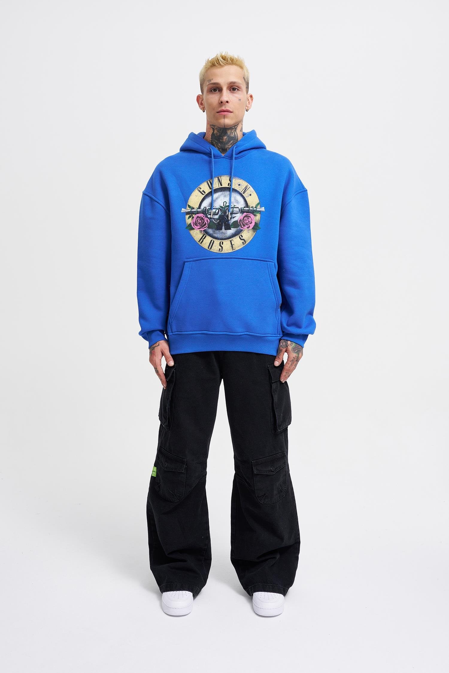 Erkek GUNS Baskılı Kapüşonlu Oversize Sweatshirt Saks Mavi