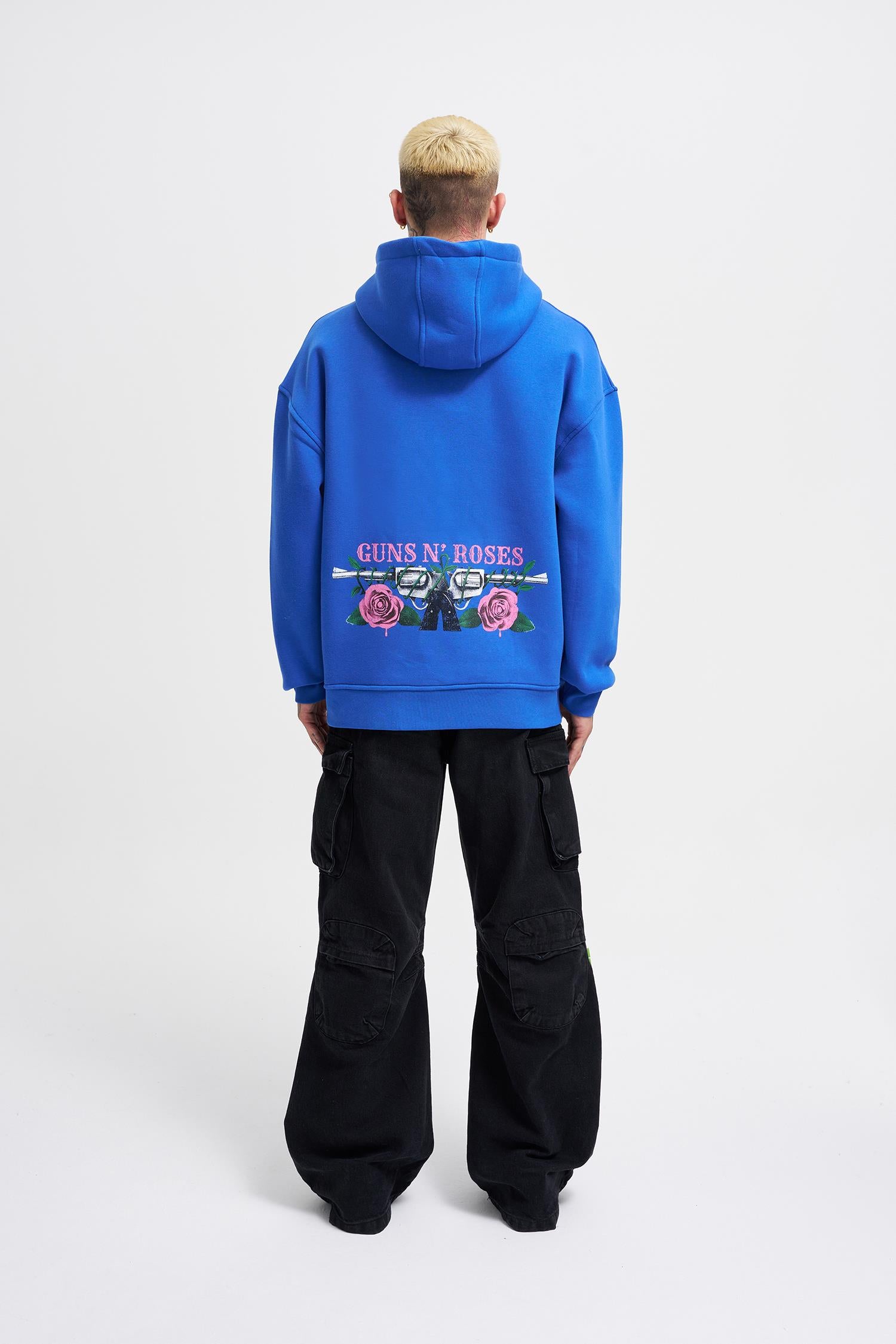 Erkek GUNS Baskılı Kapüşonlu Oversize Sweatshirt Saks Mavi