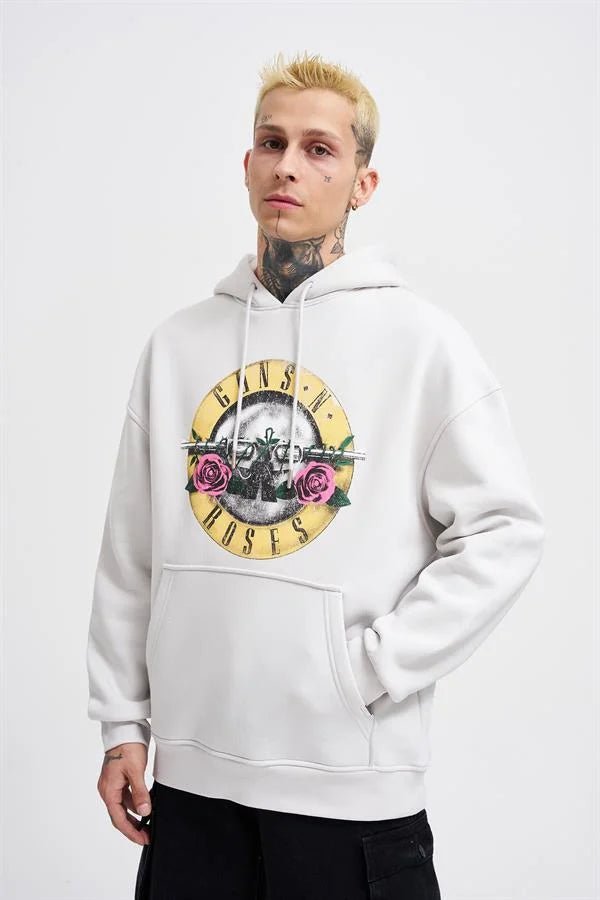 Erkek GUNS Baskılı Kapüşonlu Oversize Sweatshirt Uzay Grisi