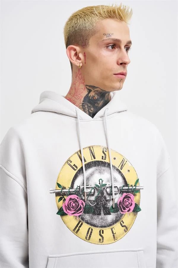 Erkek GUNS Baskılı Kapüşonlu Oversize Sweatshirt Uzay Grisi