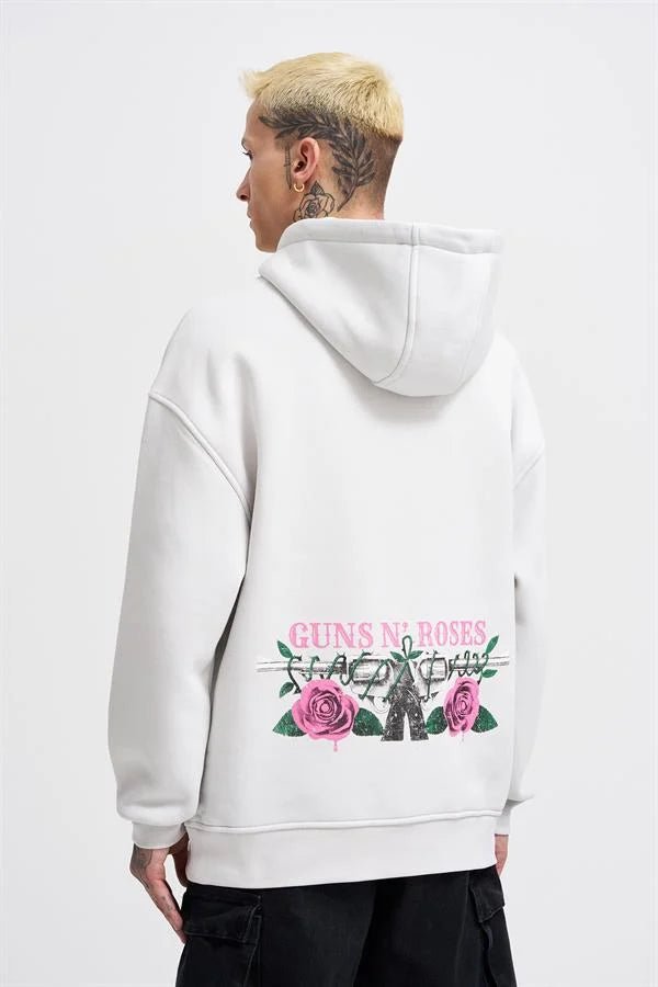 Erkek GUNS Baskılı Kapüşonlu Oversize Sweatshirt Uzay Grisi