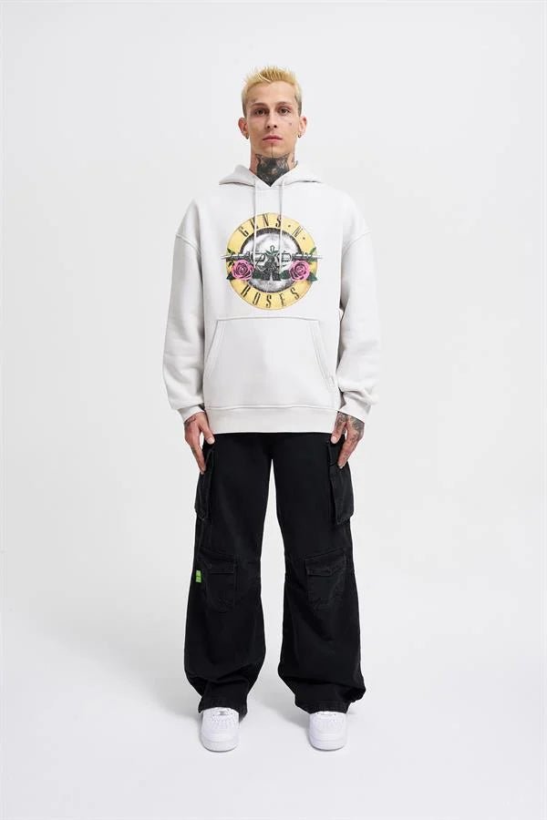 Erkek GUNS Baskılı Kapüşonlu Oversize Sweatshirt Uzay Grisi