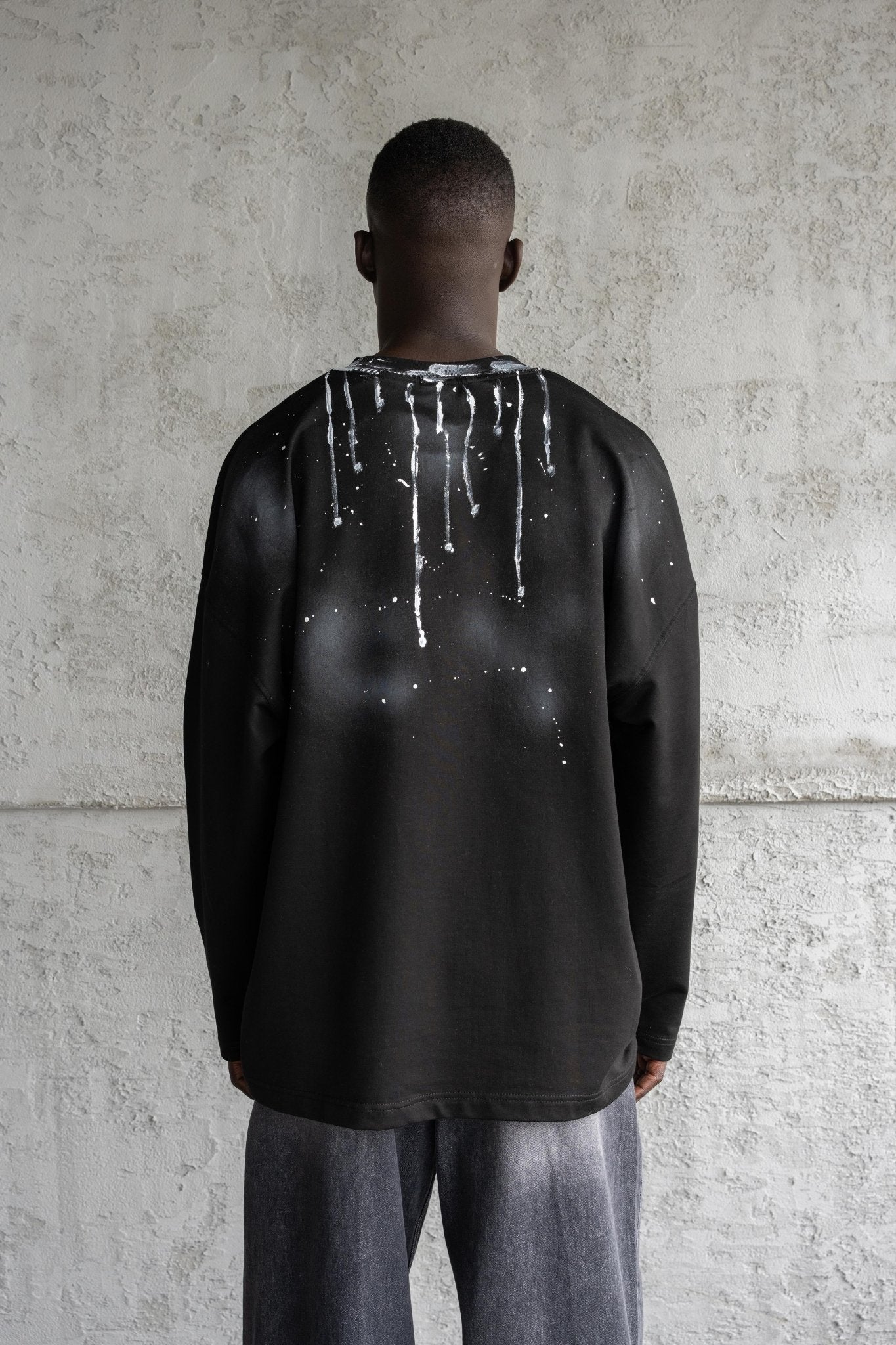 Erkek Hand Made Boya Baskılı Oversize Uzun Kollu Tişört Siyah