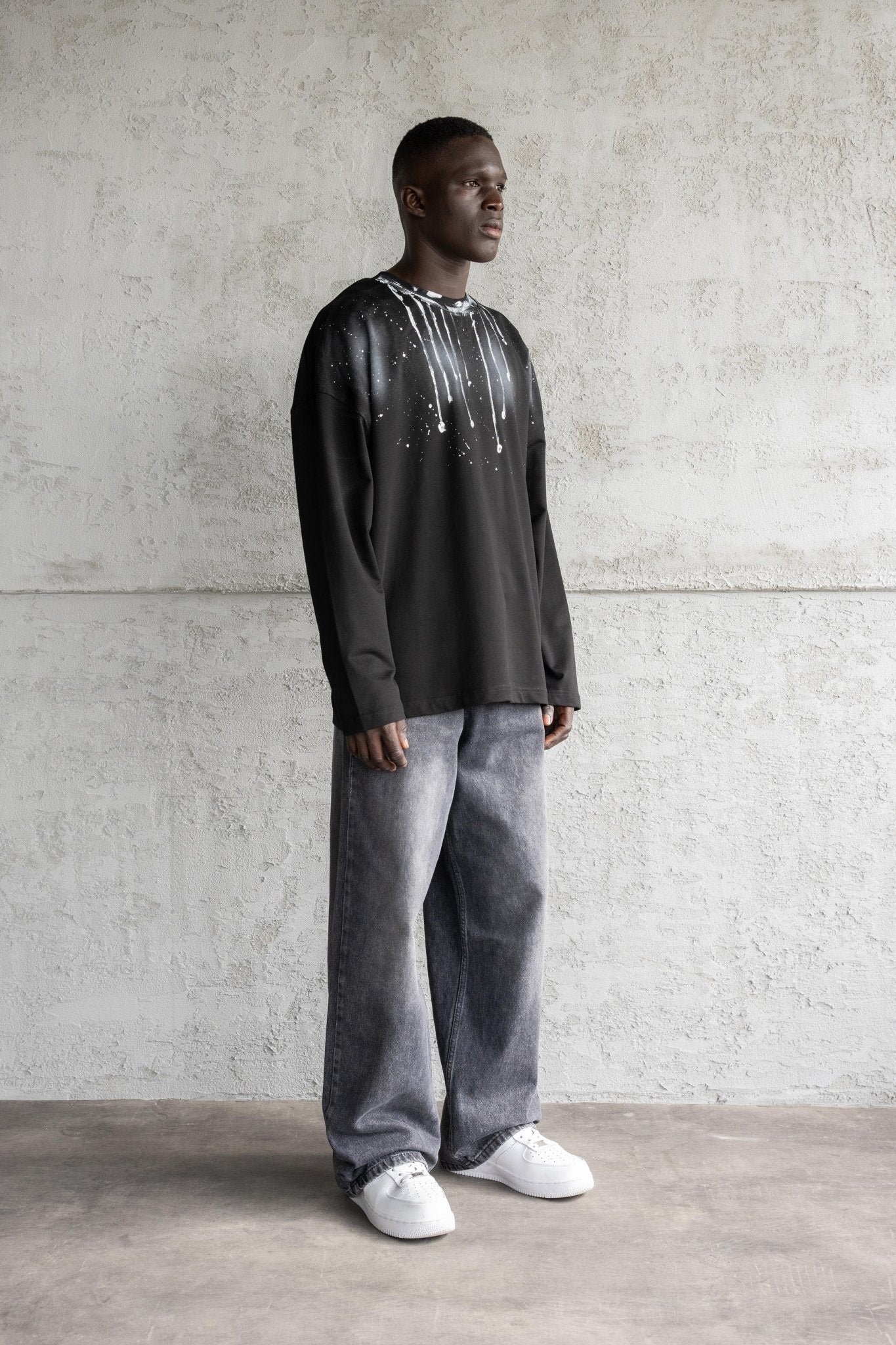 Erkek Hand Made Boya Baskılı Oversize Uzun Kollu Tişört Siyah