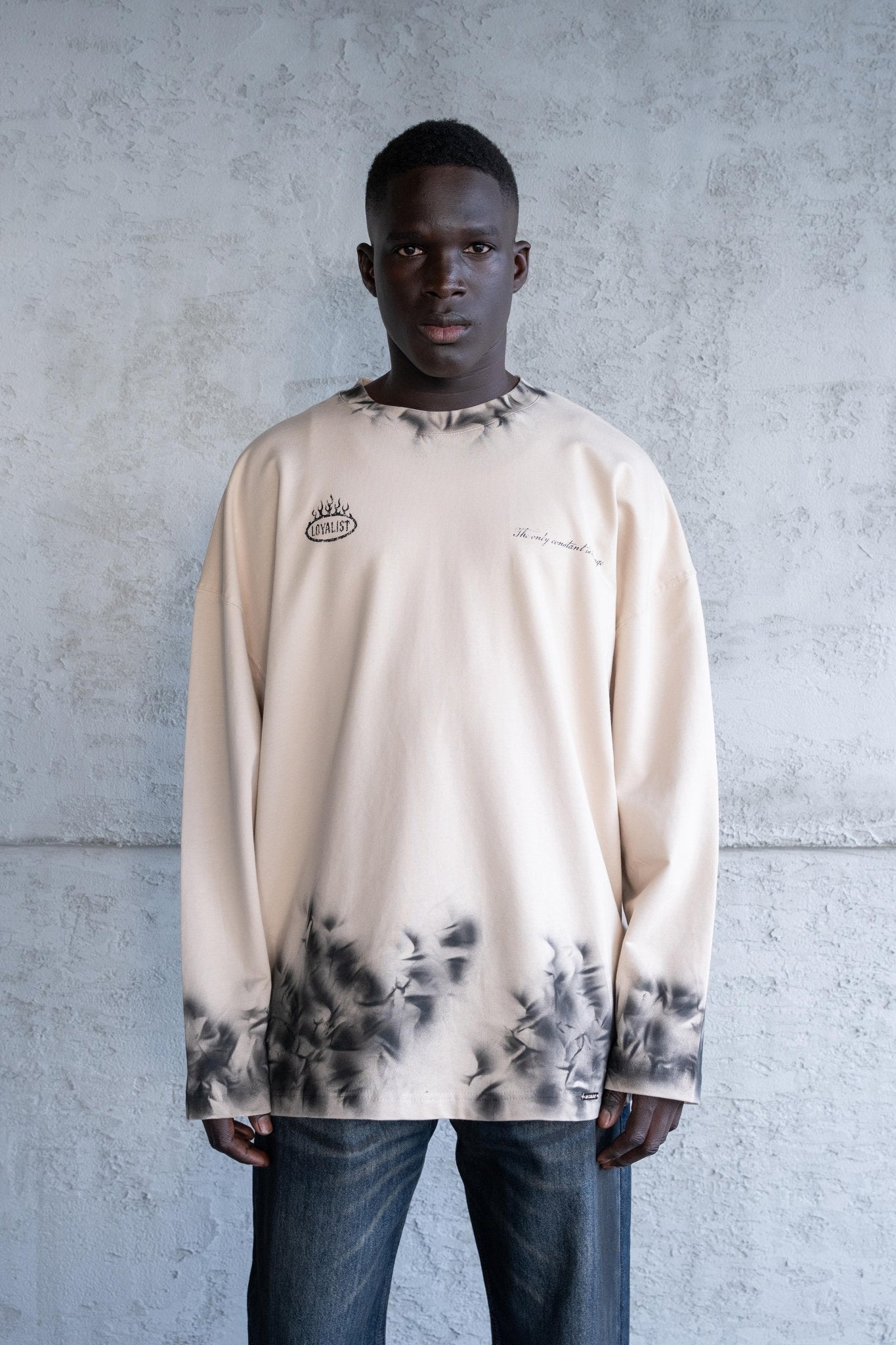 Erkek Hand Made Efekt Baskılı Oversize Uzun Kollu Tişört Açık Bej