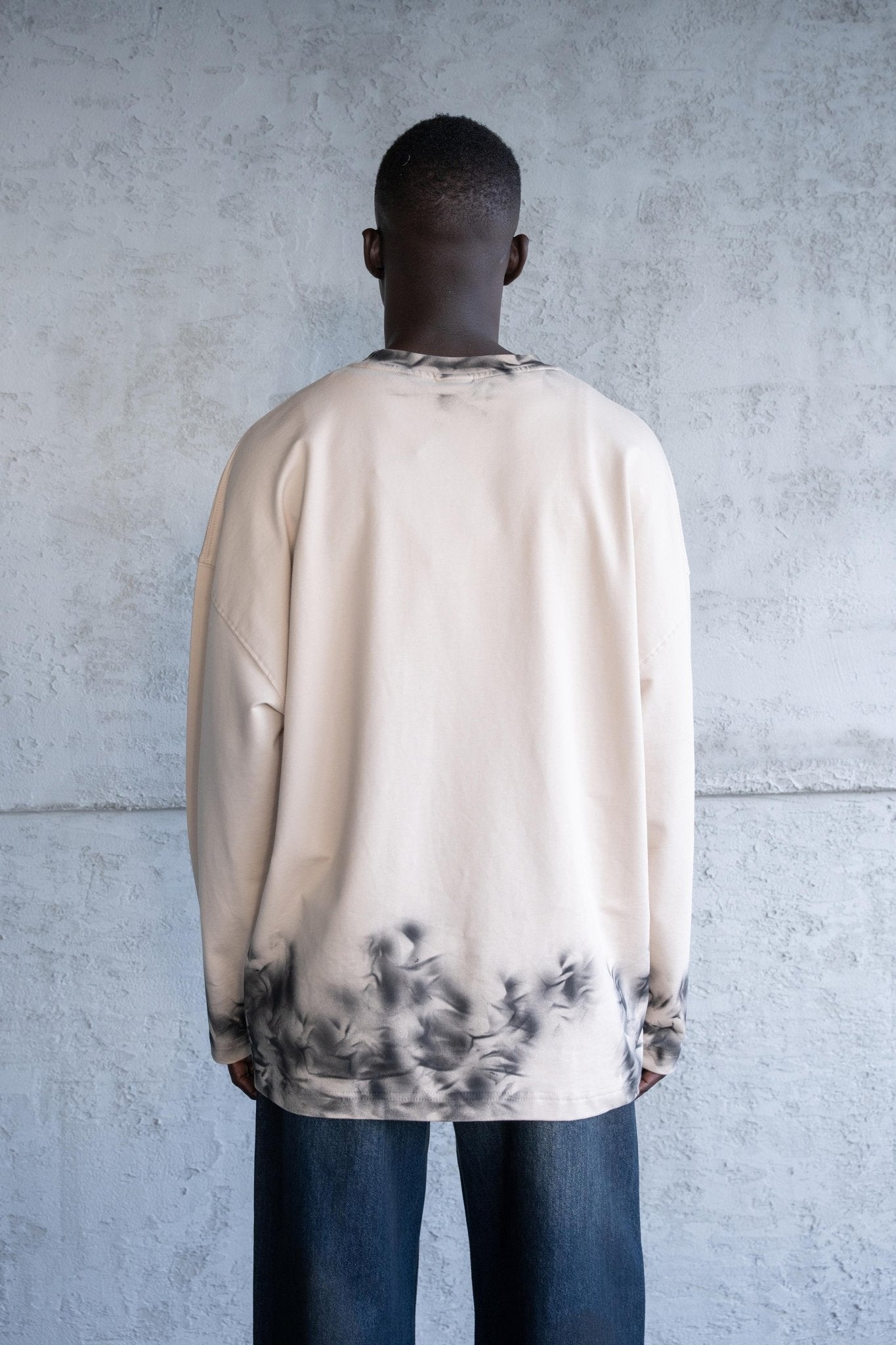 Erkek Hand Made Efekt Baskılı Oversize Uzun Kollu Tişört Açık Bej
