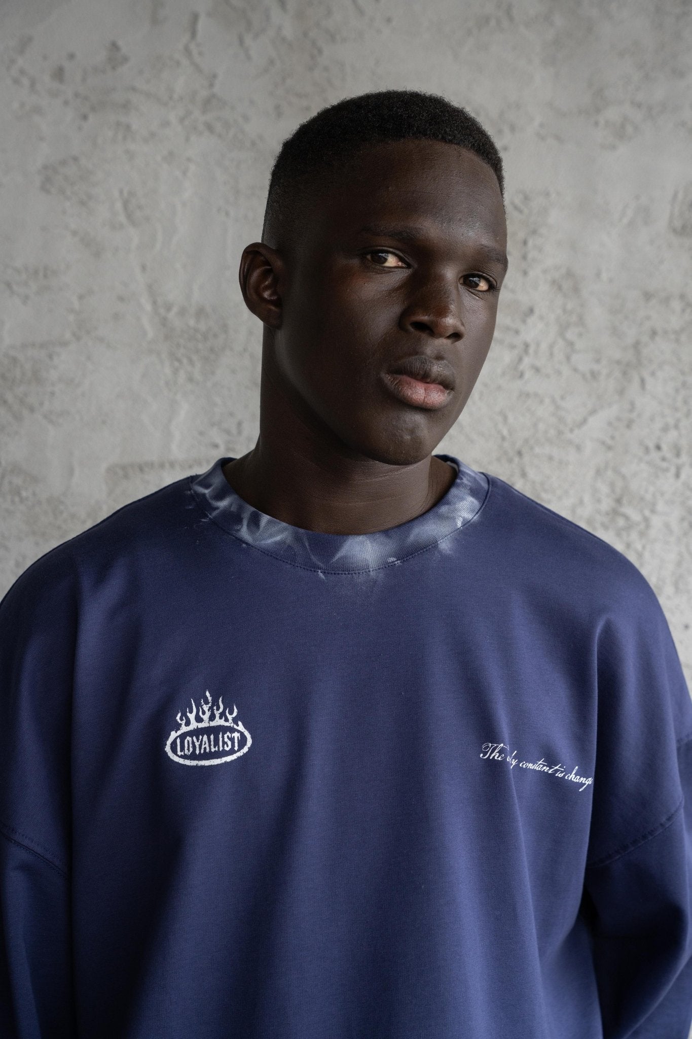 Erkek Hand Made Efekt Baskılı Oversize Uzun Kollu Tişört Gece Mavisi