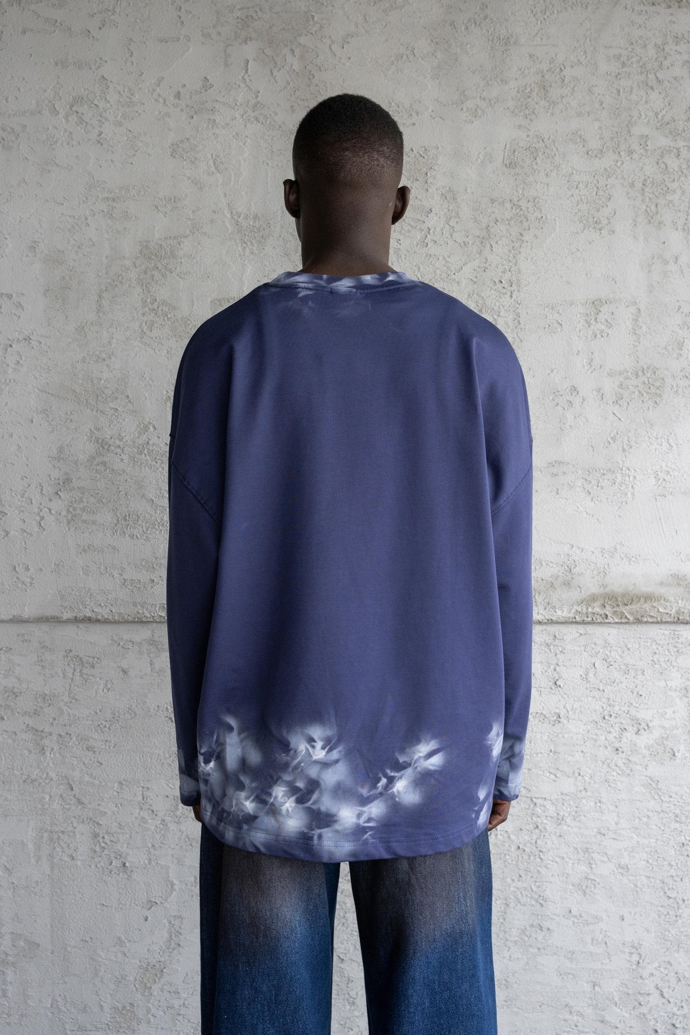 Erkek Hand Made Efekt Baskılı Oversize Uzun Kollu Tişört Gece Mavisi