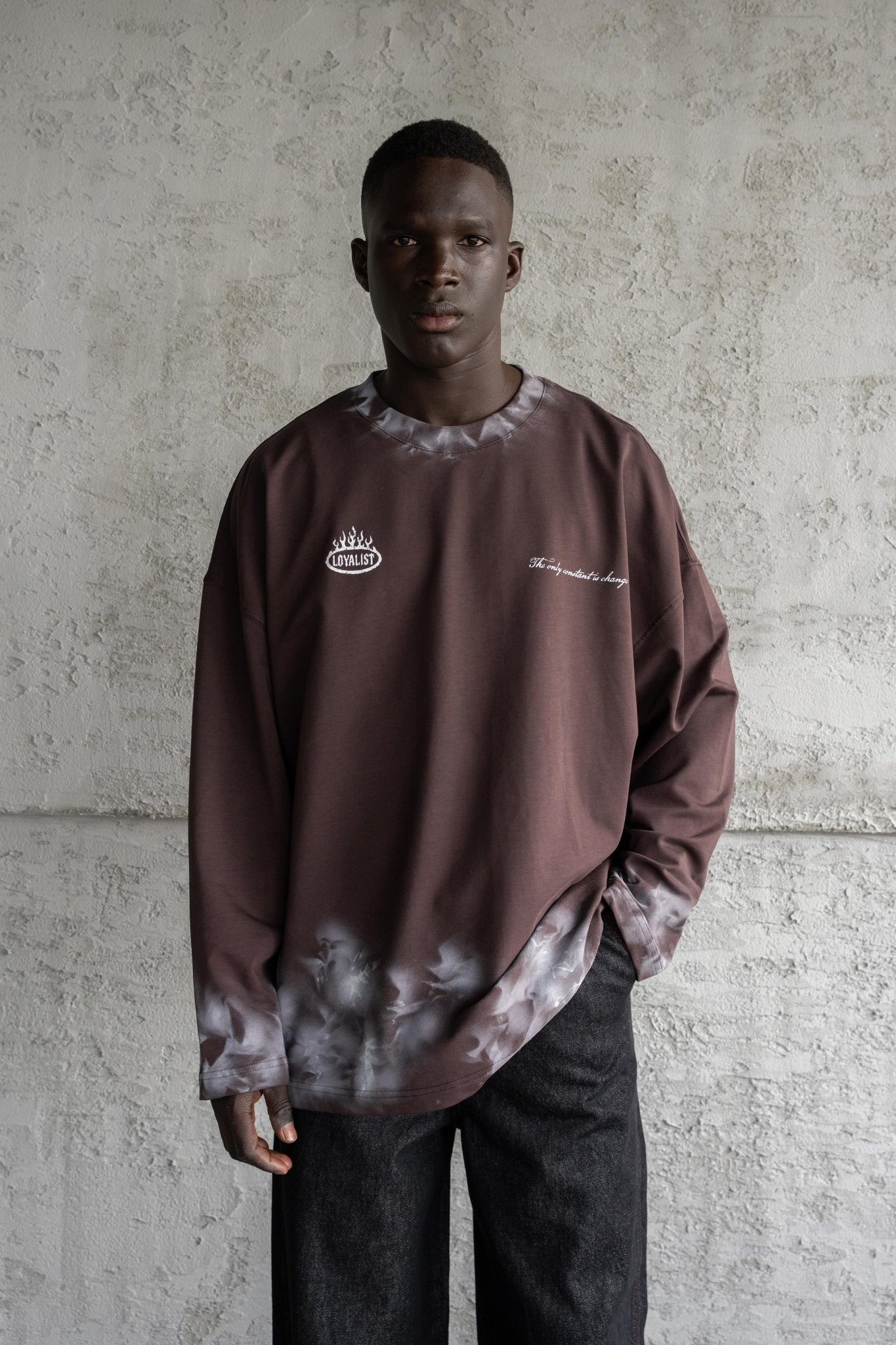 Erkek Hand Made Efekt Baskılı Oversize Uzun Kollu Tişört Kahverengi