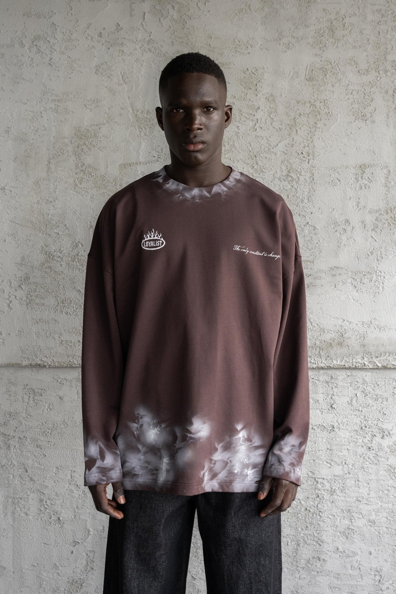 Erkek Hand Made Efekt Baskılı Oversize Uzun Kollu Tişört Kahverengi