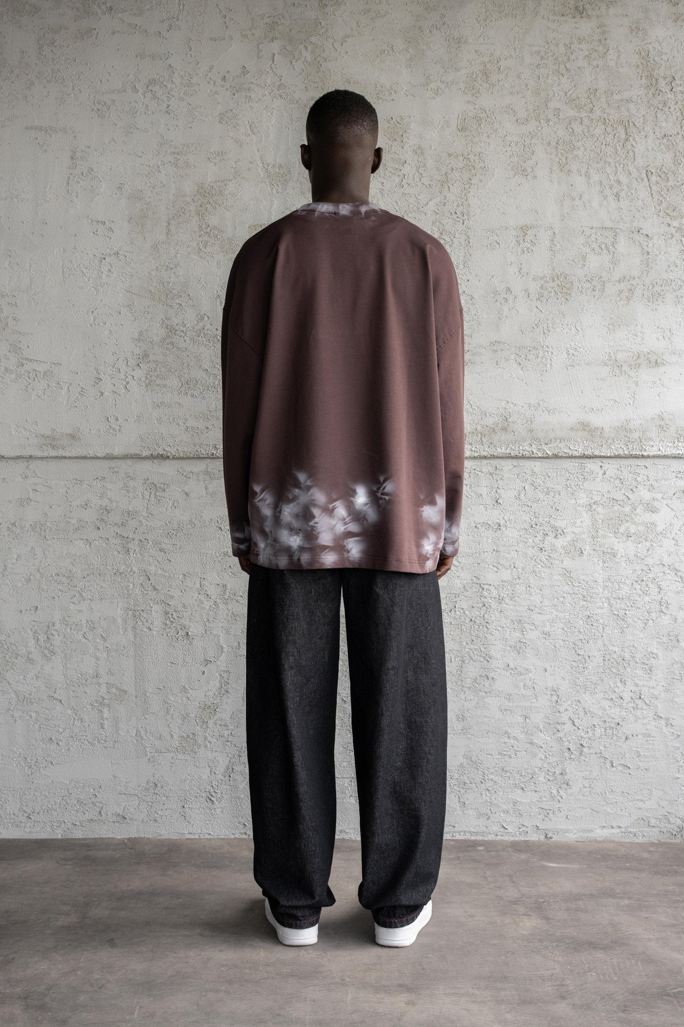 Erkek Hand Made Efekt Baskılı Oversize Uzun Kollu Tişört Kahverengi
