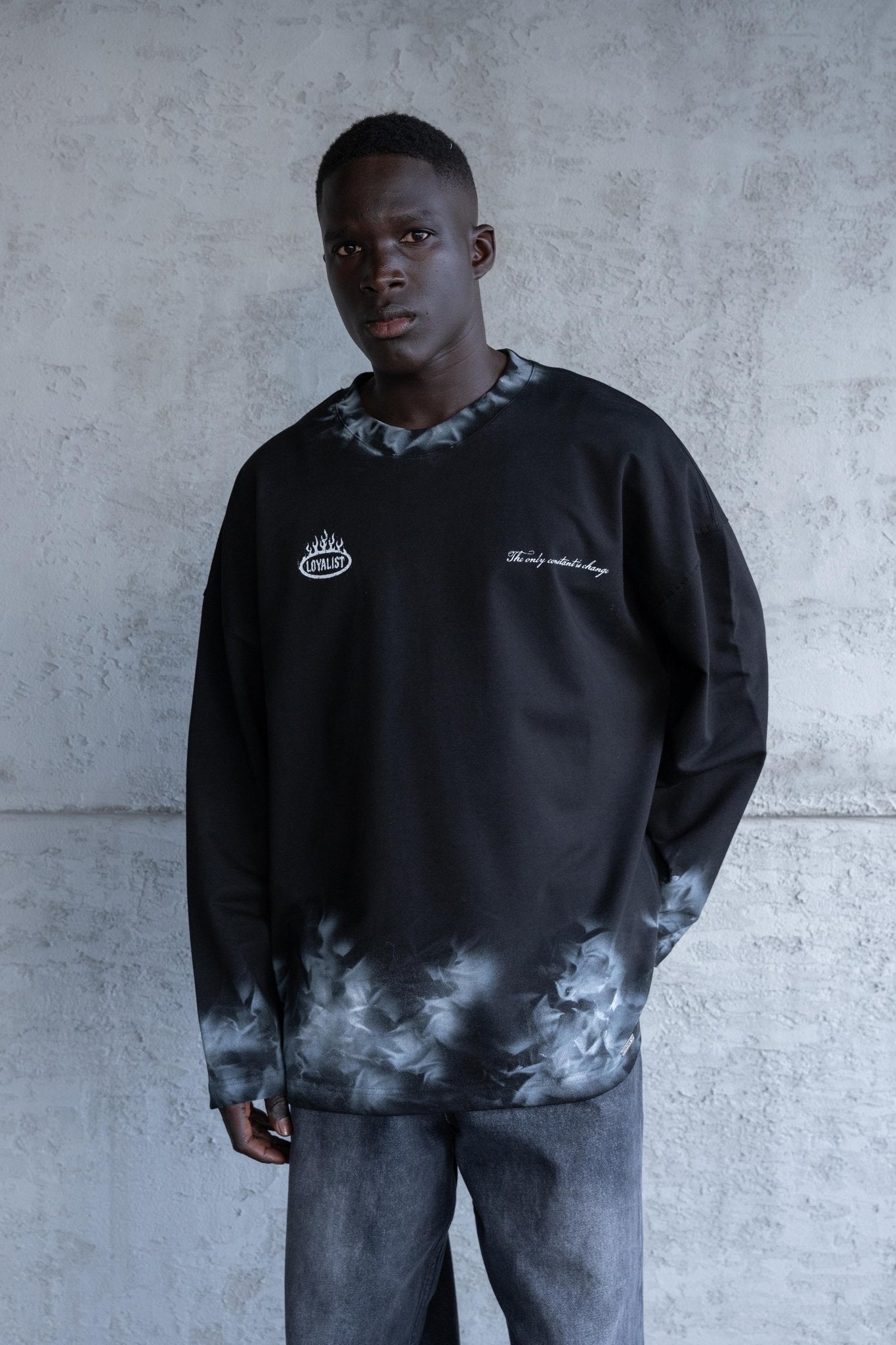 Erkek Hand Made Efekt Baskılı Oversize Uzun Kollu Tişört Siyah