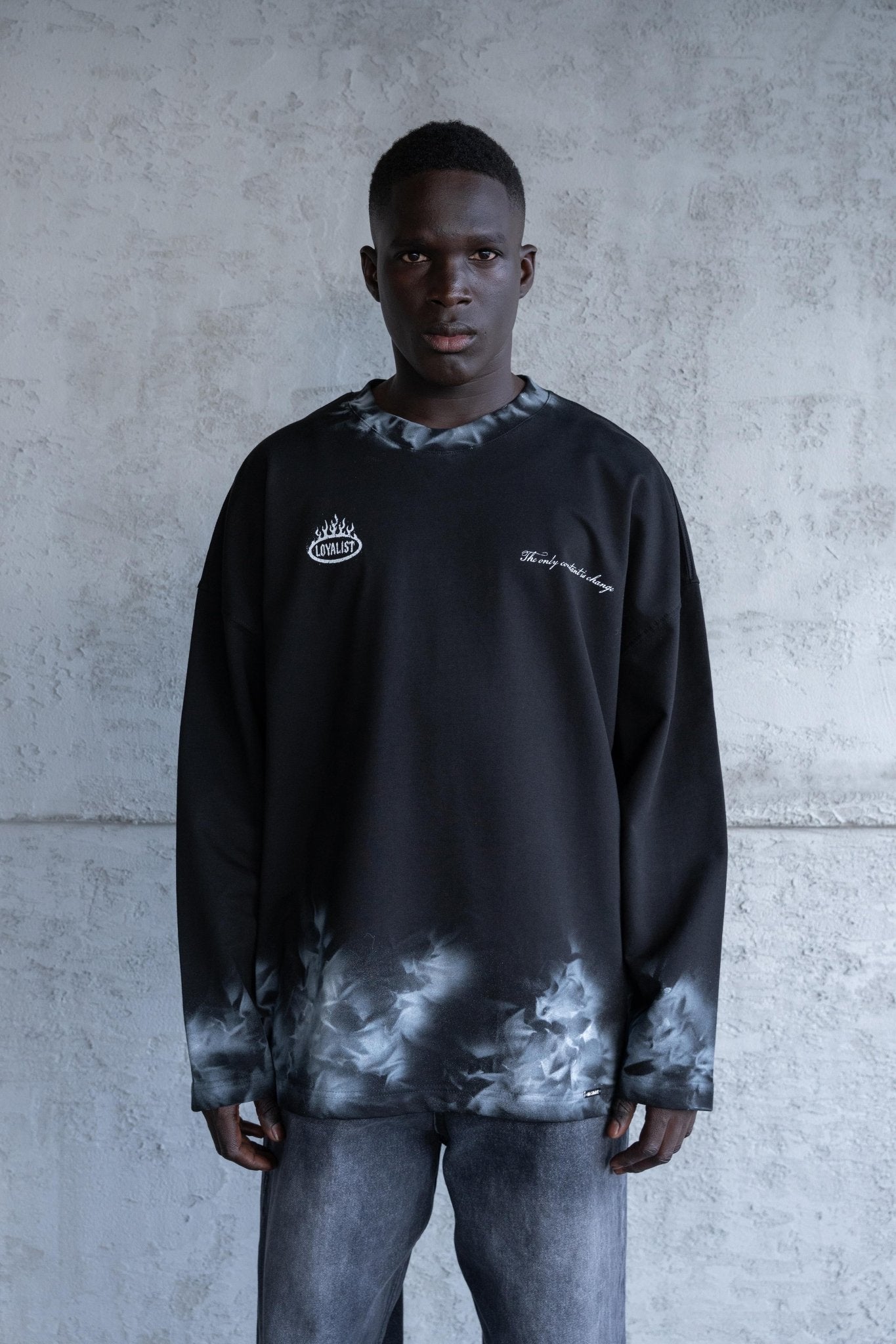 Erkek Hand Made Efekt Baskılı Oversize Uzun Kollu Tişört Siyah