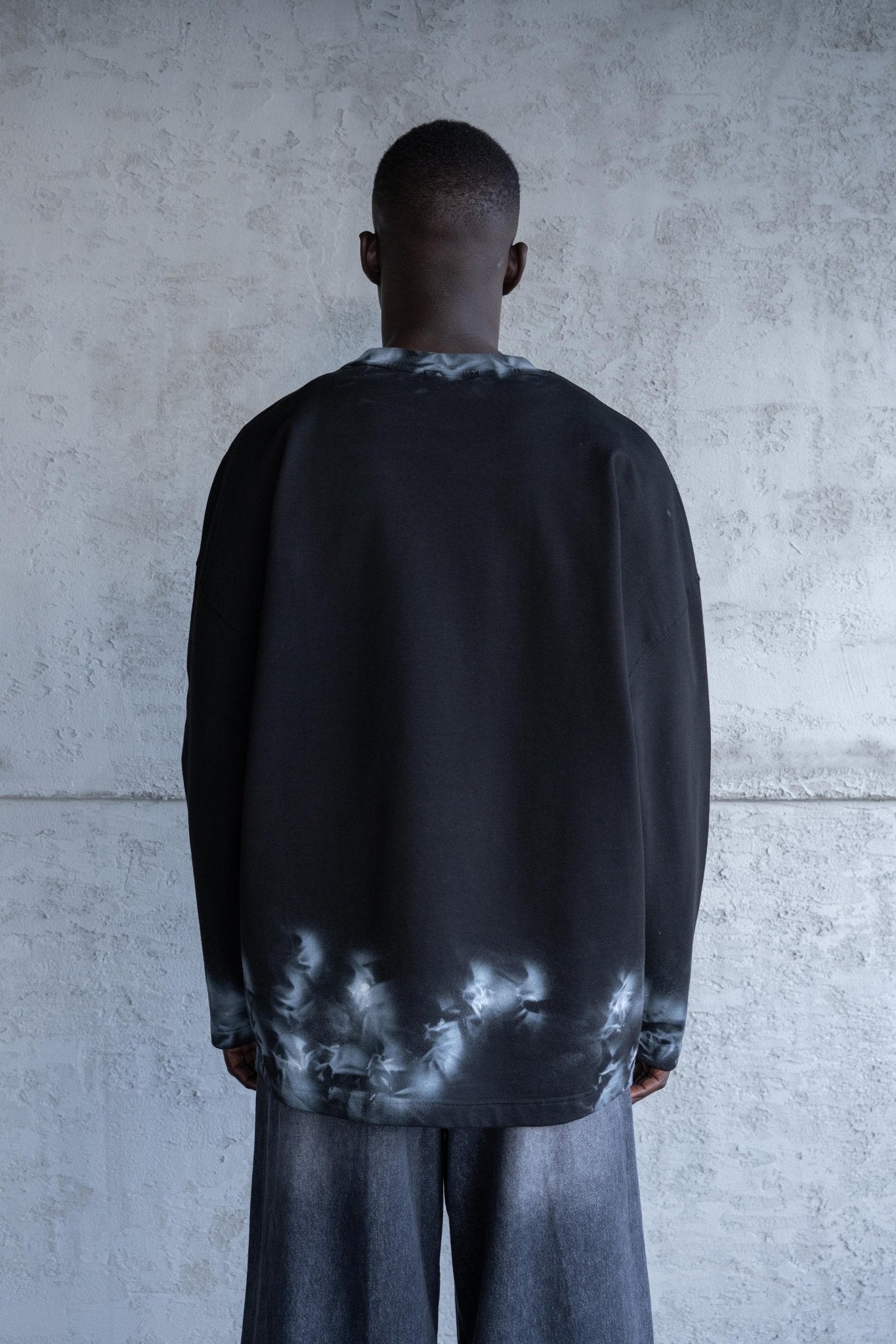 Erkek Hand Made Efekt Baskılı Oversize Uzun Kollu Tişört Siyah