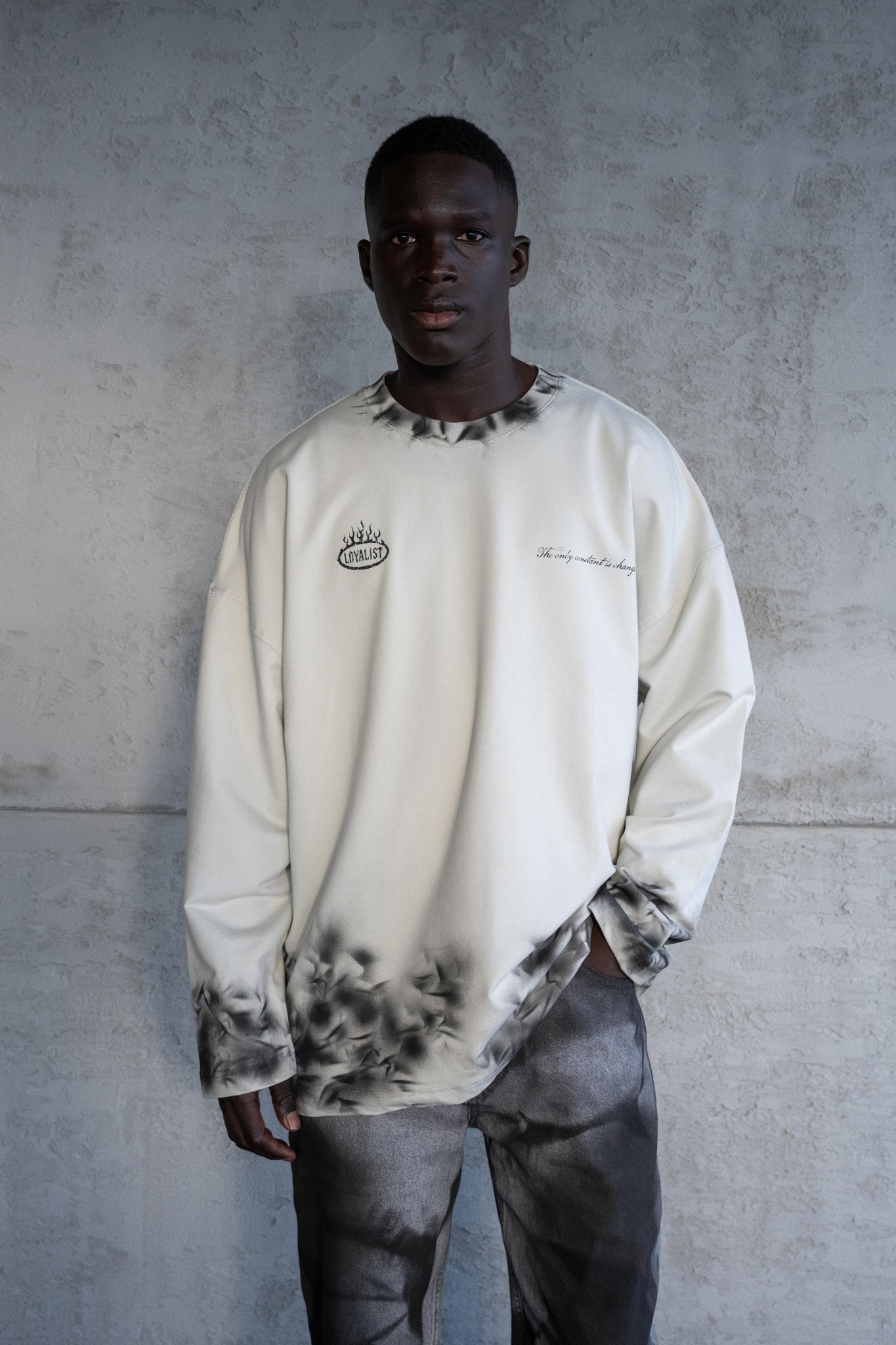 Erkek Hand Made Efekt Baskılı Oversize Uzun Kollu Tişört Uzay Grisi