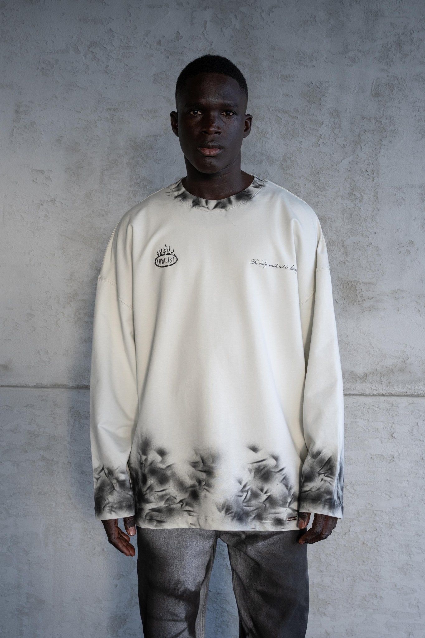 Erkek Hand Made Efekt Baskılı Oversize Uzun Kollu Tişört Uzay Grisi