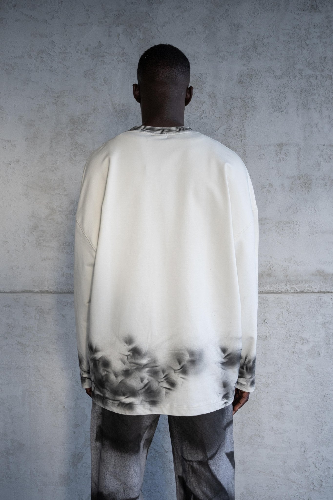 Erkek Hand Made Efekt Baskılı Oversize Uzun Kollu Tişört Uzay Grisi