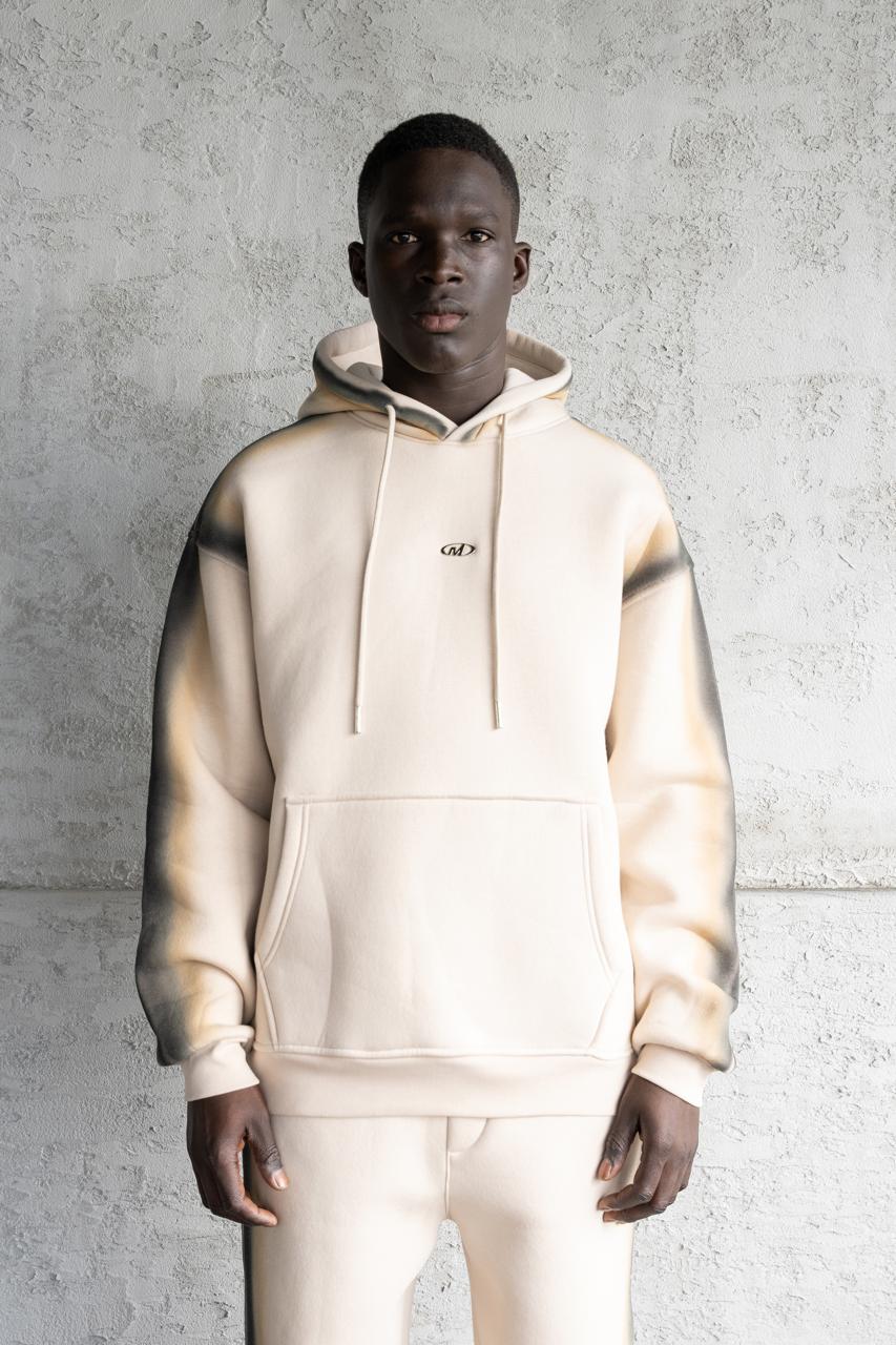 Erkek Hand Made Sprey Efektli Şardonlu Kapüşonlu Sweatshirt Açık Bej