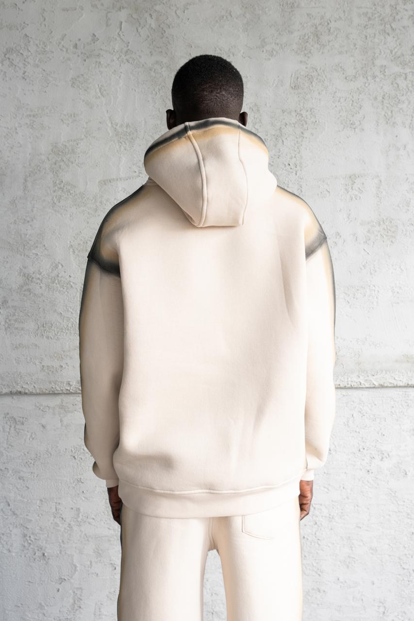 Erkek Hand Made Sprey Efektli Şardonlu Kapüşonlu Sweatshirt Açık Bej