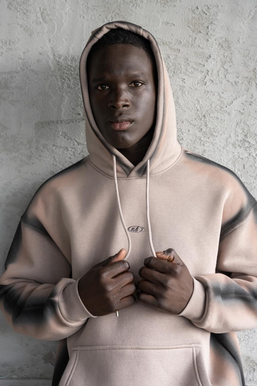 Erkek Hand Made Sprey Efektli Şardonlu Kapüşonlu Sweatshirt Açık Gri