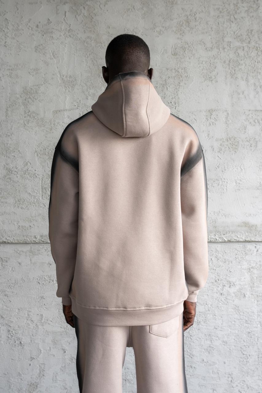 Erkek Hand Made Sprey Efektli Şardonlu Kapüşonlu Sweatshirt Açık Gri