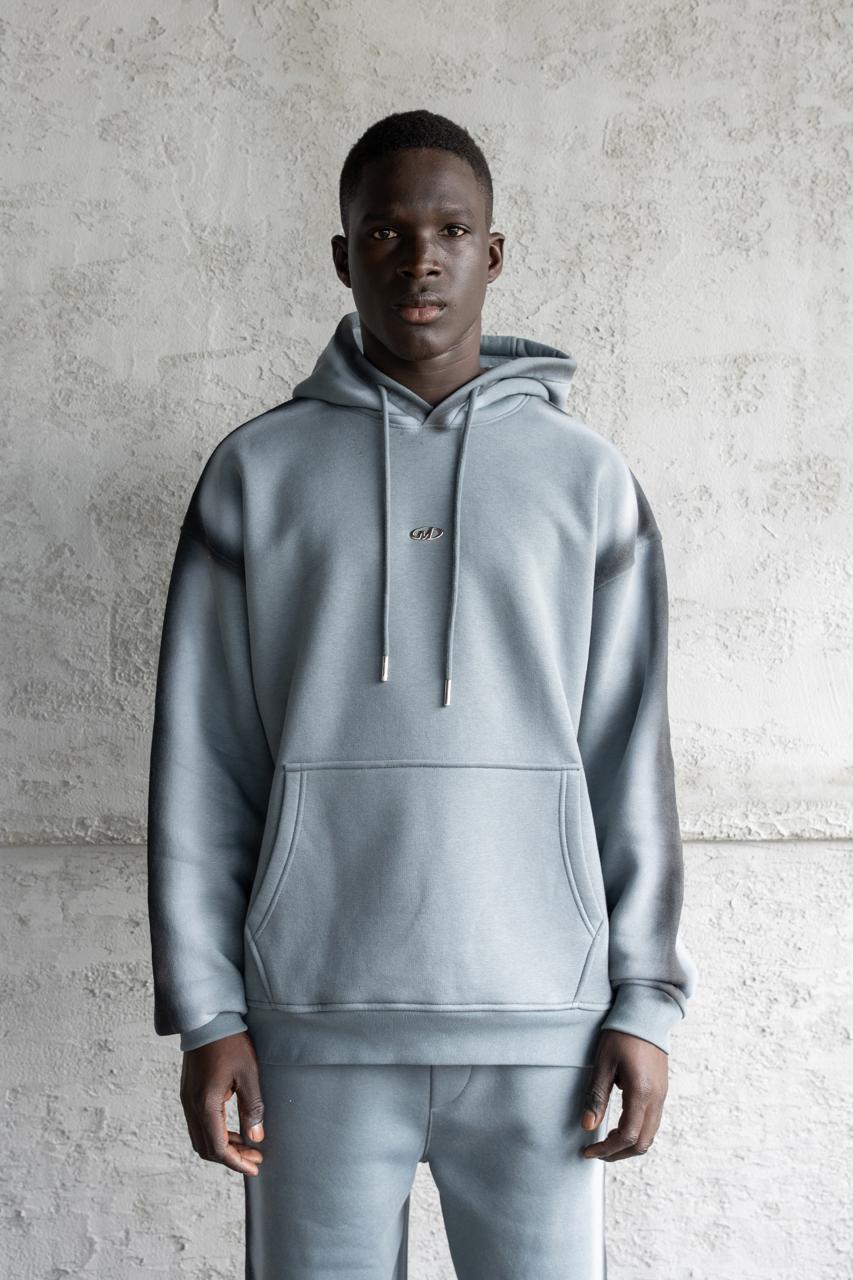 Erkek Hand Made Sprey Efektli Şardonlu Kapüşonlu Sweatshirt Mavi Duman