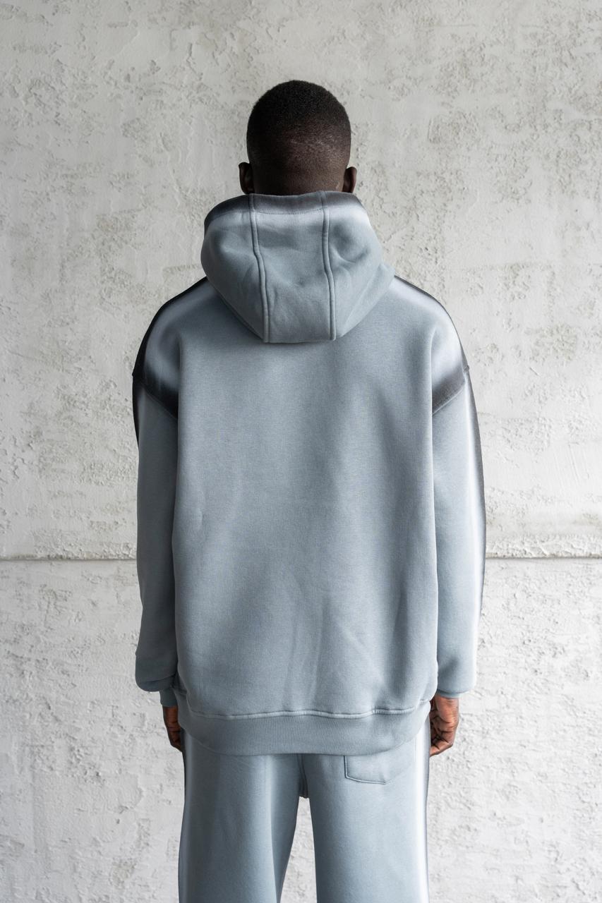 Erkek Hand Made Sprey Efektli Şardonlu Kapüşonlu Sweatshirt Mavi Duman
