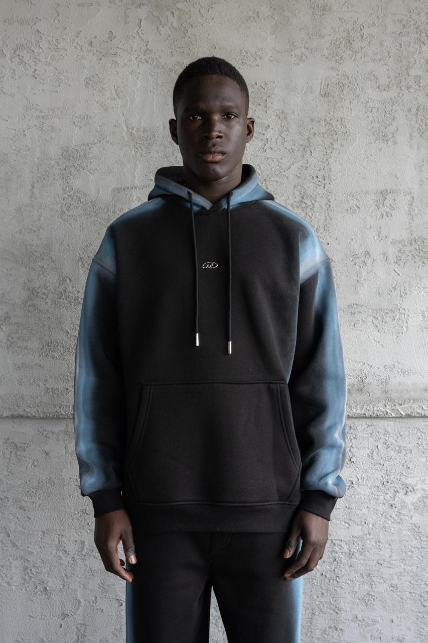 Erkek Hand Made Sprey Efektli Şardonlu Kapüşonlu Sweatshirt Siyah