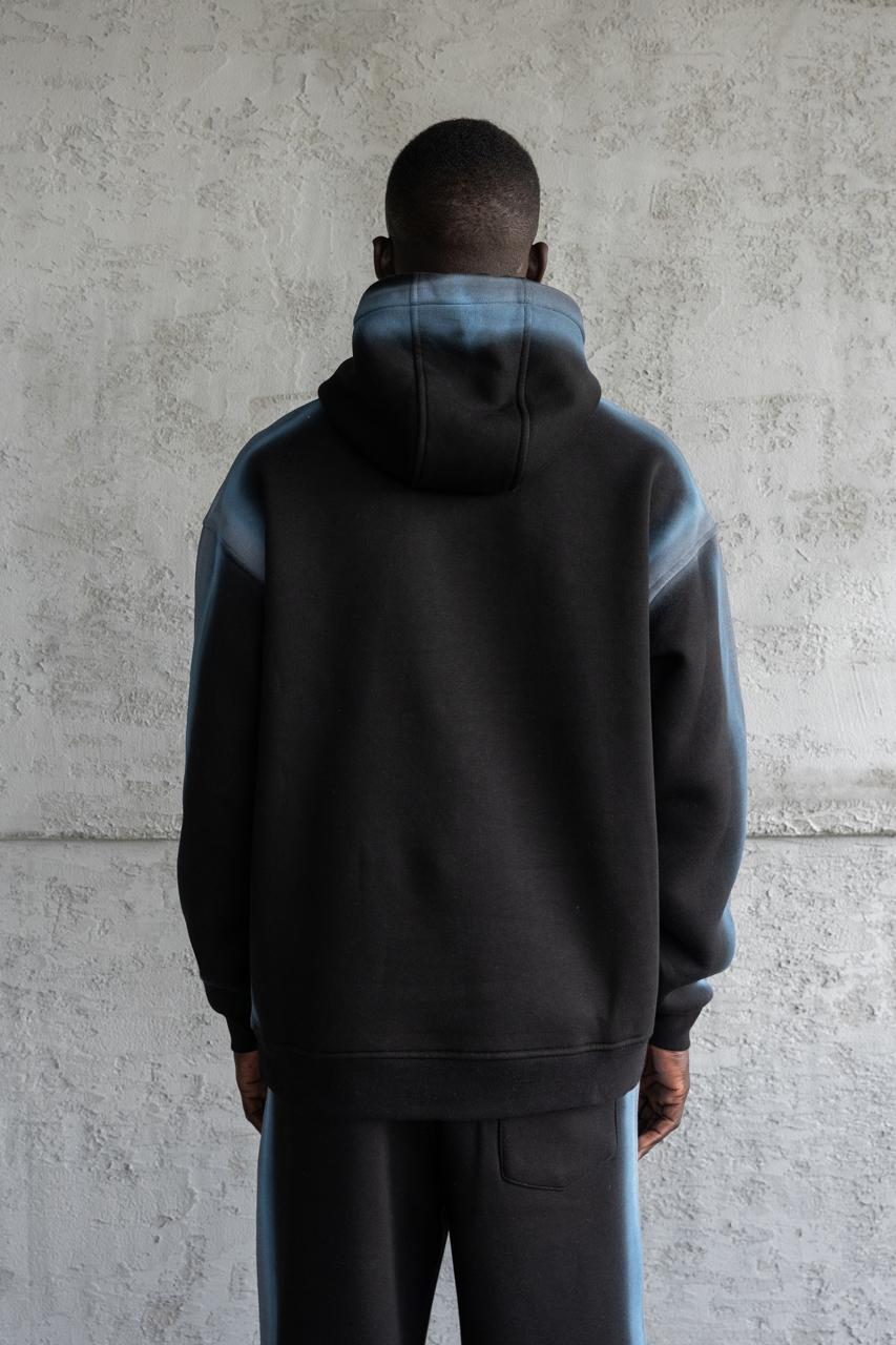 Erkek Hand Made Sprey Efektli Şardonlu Kapüşonlu Sweatshirt Siyah