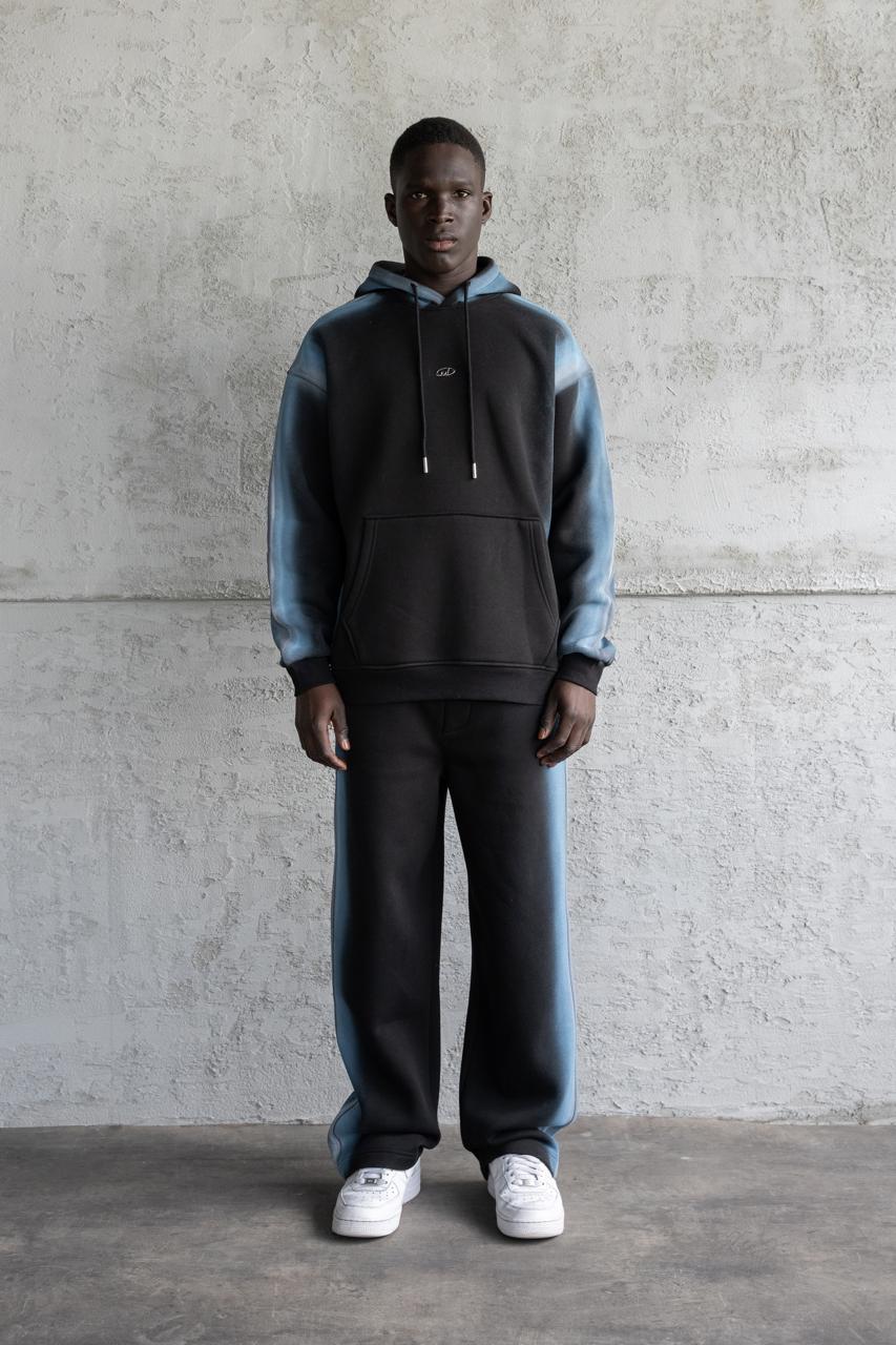 Erkek Hand Made Sprey Efektli Şardonlu Kapüşonlu Sweatshirt Siyah