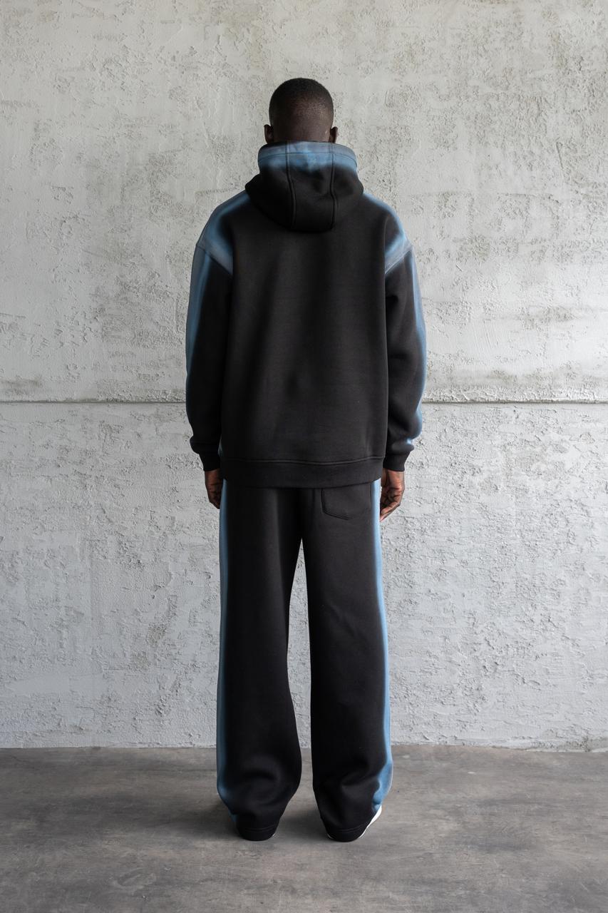 Erkek Hand Made Sprey Efektli Şardonlu Kapüşonlu Sweatshirt Siyah