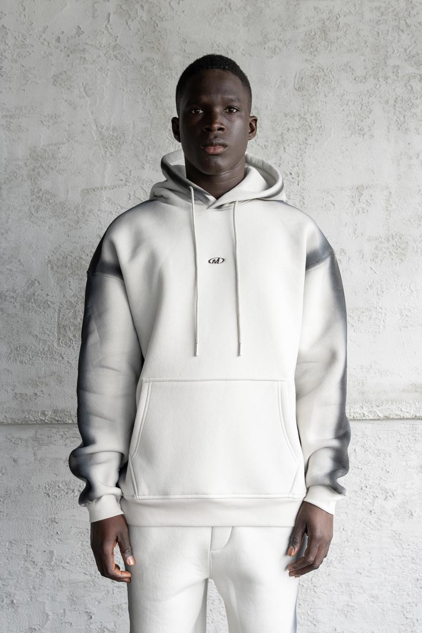 Erkek Hand Made Sprey Efektli Şardonlu Kapüşonlu Sweatshirt Uzay Grisi