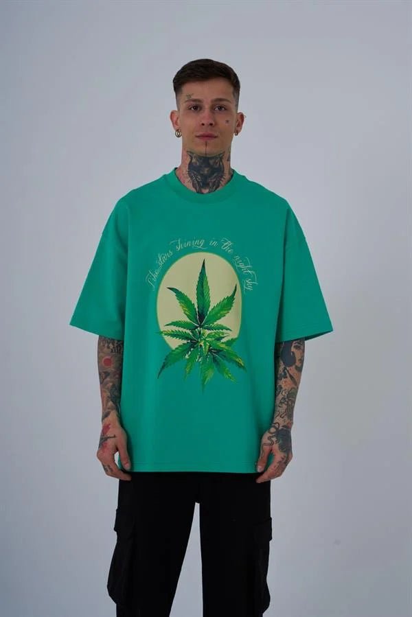 Erkek Herb Printed Baskılı Oversize Tişört Elektrik Yeşili