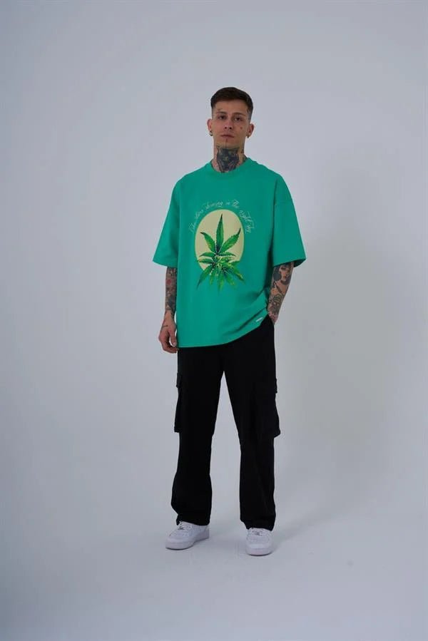 Erkek Herb Printed Baskılı Oversize Tişört Elektrik Yeşili