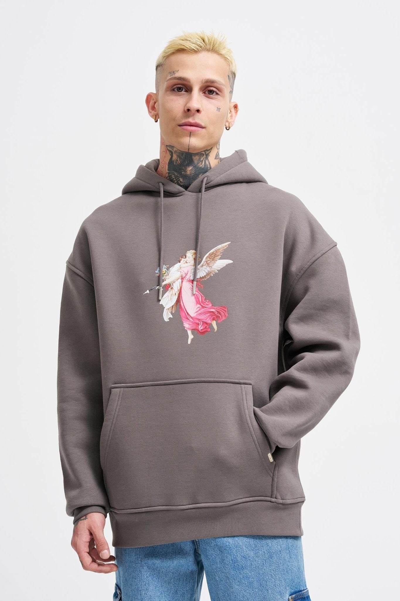 Erkek Hero Angel Baskılı Oversize Sweatshirt Antrasit
