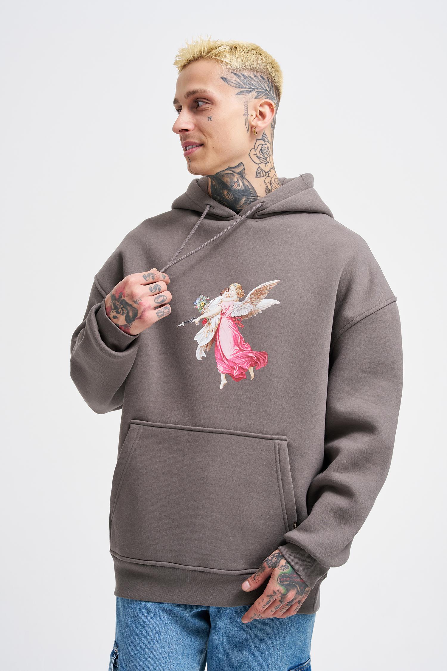 Erkek Hero Angel Baskılı Oversize Sweatshirt Antrasit