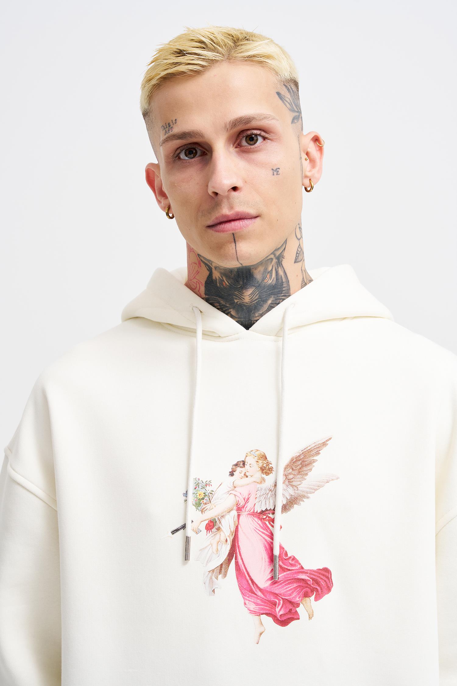 Erkek Hero Angel Baskılı Oversize Sweatshirt Ekru