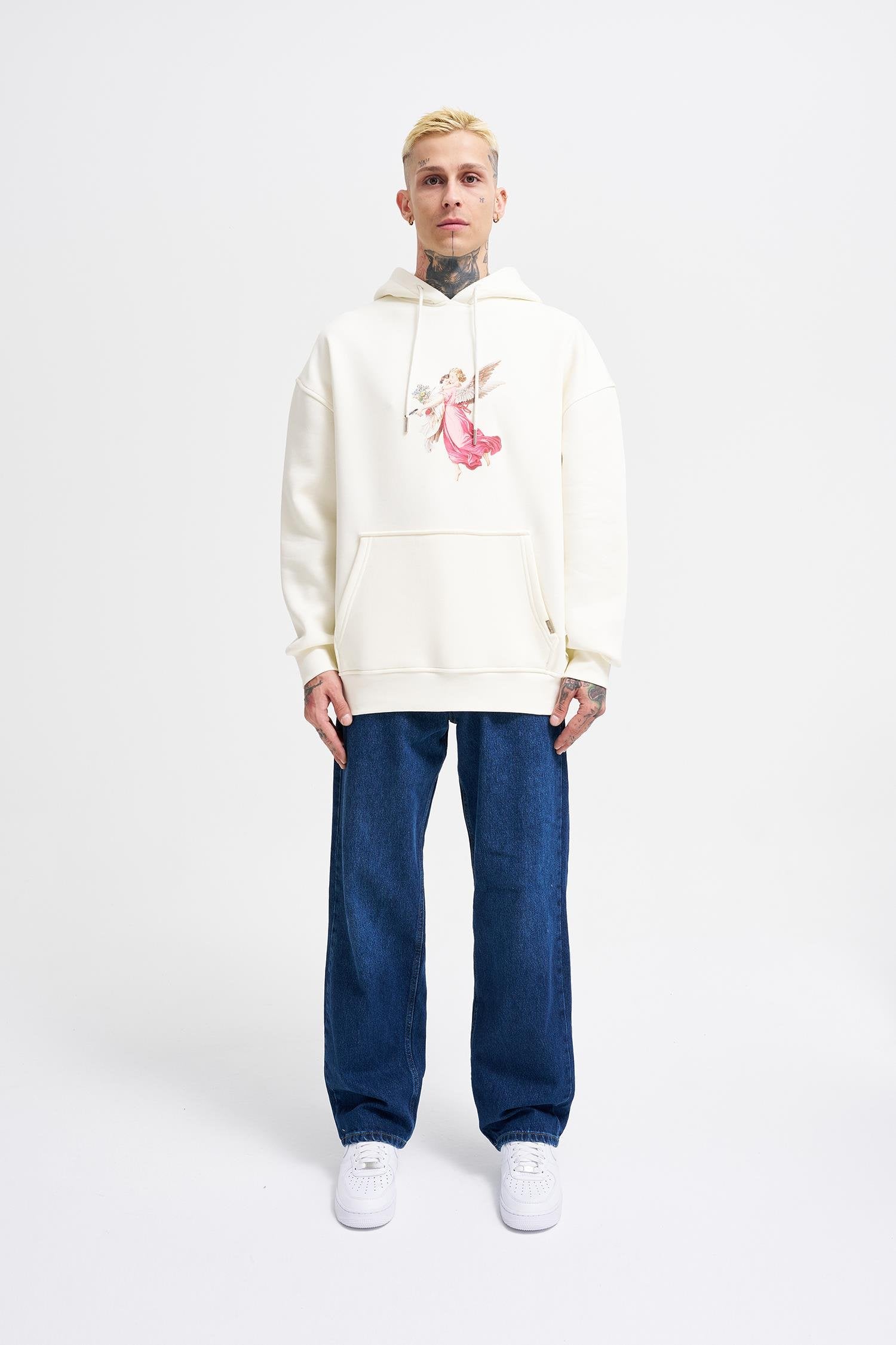 Erkek Hero Angel Baskılı Oversize Sweatshirt Ekru